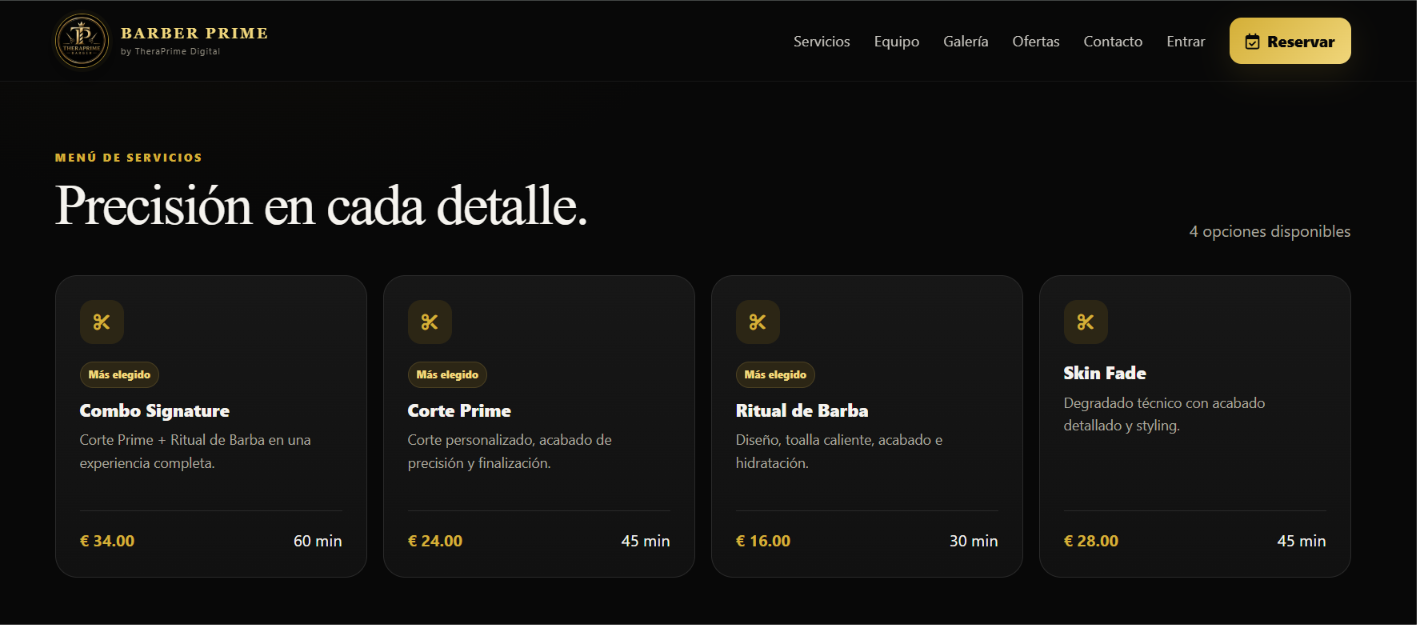 Barber PRIME · Servicios con precios y duración