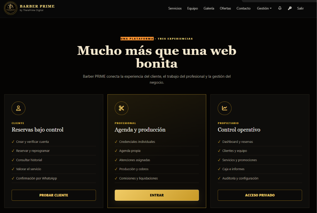 Barber PRIME · Una plataforma, tres experiencias